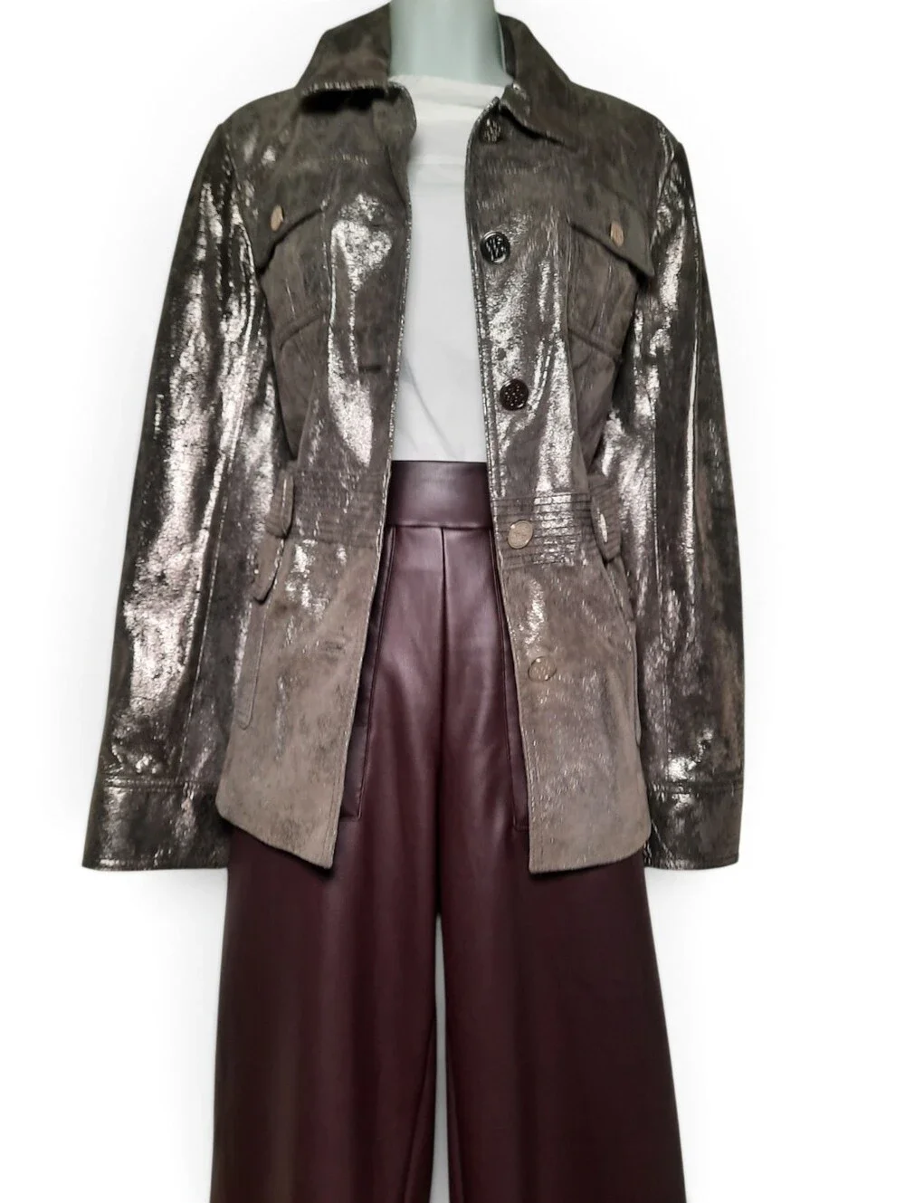 TORY BURCH Leather Jacket Pewter Bomber Biker Logo Distressed Military Thigh 14